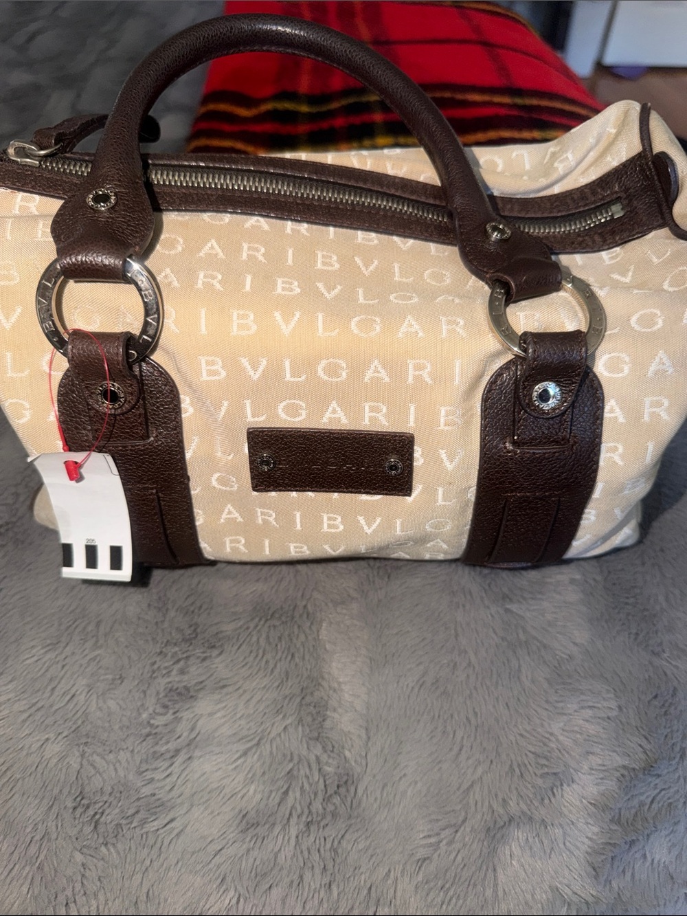 Bvlgari Beige Canvas Satchel with Brown Leather Trim great condition.